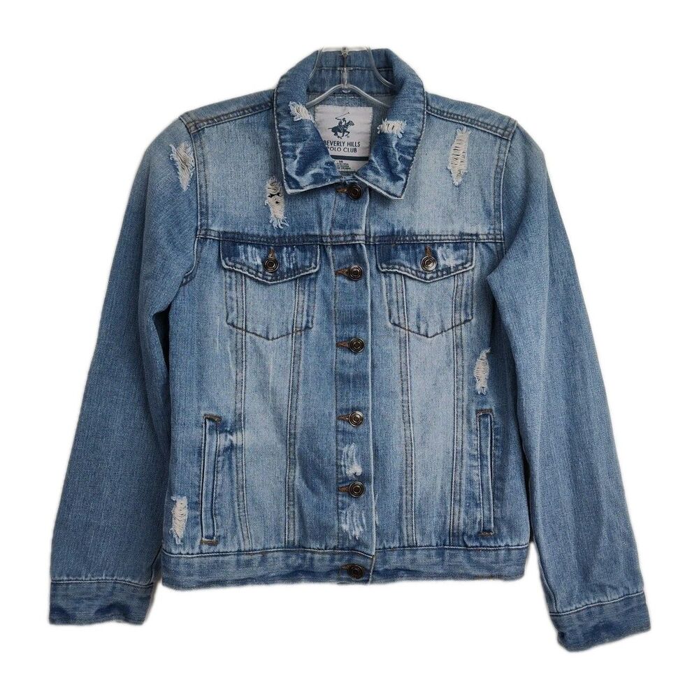 Beverly Hills Polo Club Denim Jacket Girls Size 14 Blue Distressed Button Close